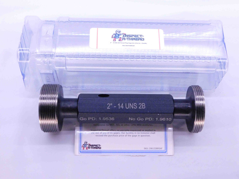 NEW 2" 14 UNS 2B THREAD PLUG GAGE 2.0 2.00 GO NO GO P.D.'S = 1.9536 & 1.9610 - DW1538MSAF