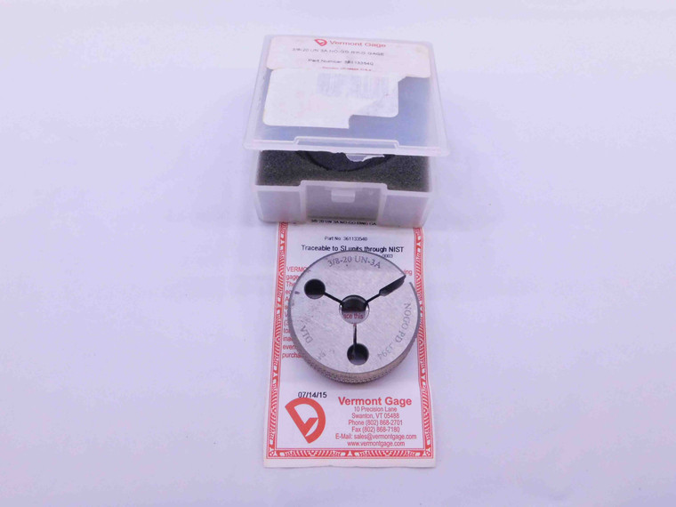 NEW 3/8 20 UN 3A VERMONT THREAD RING GAGE .375 .3750 NO GO ONLY P.D. = .3394 - DW42560VTGB