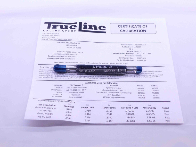CERTIFIED 3/8 16 UNC 2B THREAD PLUG GAGE .375 GO NO GO P.D.'S = .3344 & .3401 - DW42592TLC