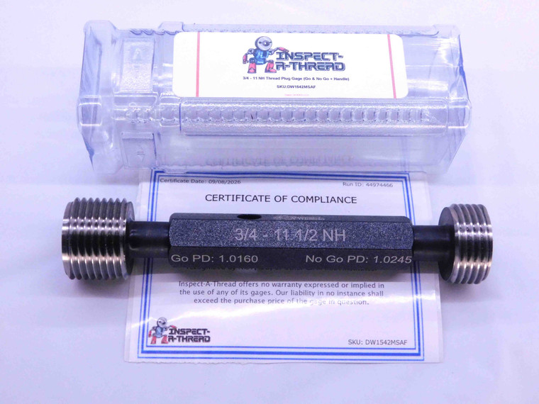 NEW 3/4 11 1/2 NH PIPE THREAD PLUG GAGE .75 11.5 GO NO GO PD'S = 1.0160 & 1.0245 - DW1542MSAF