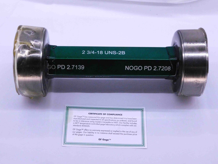 NEW 2 3/4 18 UNS 2B THREAD PLUG GAGE 2.75 GO NO GO P.D.'S = 2.7139 & 2.7208 - DW42729GFG