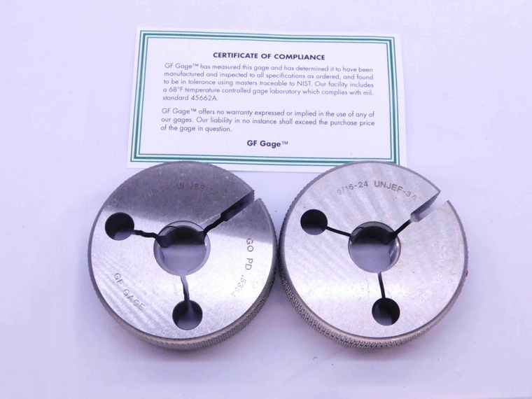 NEW 9/16 24 UNJEF 3A THREAD RING GAGES .5625 GO NO GO P.D.'S = .5354 & .5325 - DW42733GFG