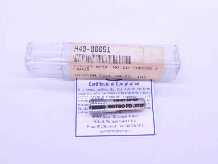 NEW 1/8 27 NPSF PIPE THREAD PLUG GAGE .125 .1250 NO GO ONLY P.D. = .3727 2B - DW42790BY6