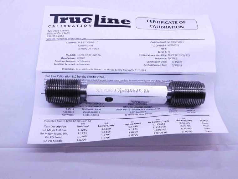 CERTIFIED 1 1/8 12 UNJF 3A SET THREAD PLUG GAGE 1.125 GO NO GO = 1.0709 & 1.0664 - DW42818TLC