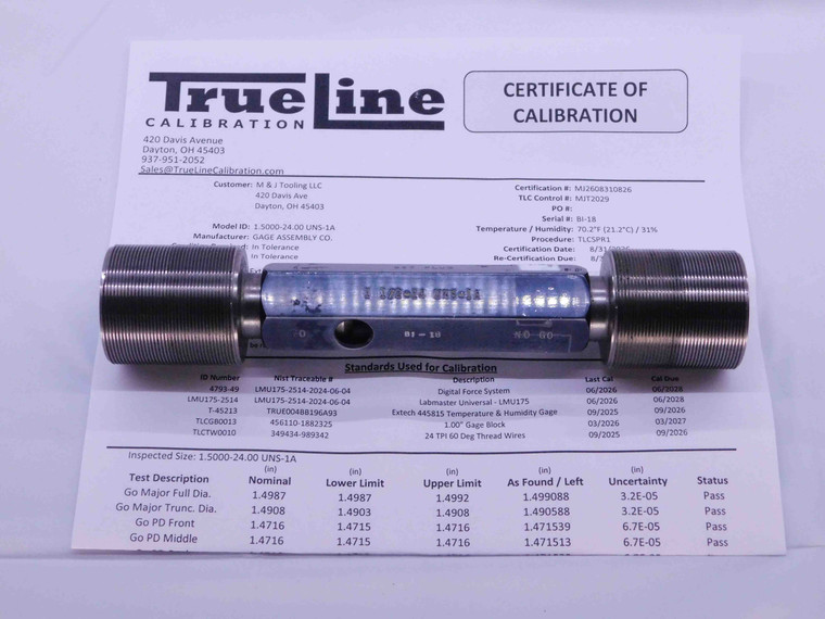 CERTIFIED 1 1/2 24 UNS 1A SET THREAD PLUG GAGE 1.5 GO NO GO PDS= 1.4716 & 1.4649 - DW42821TLC