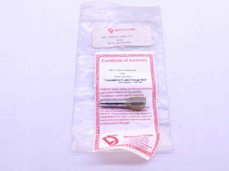 NEW M8 X 1.25 6H METRIC VERMONT THREAD PLUG GAGE 8 GO ONLY P.D. = 7.188 CHECK - DW42860BY6