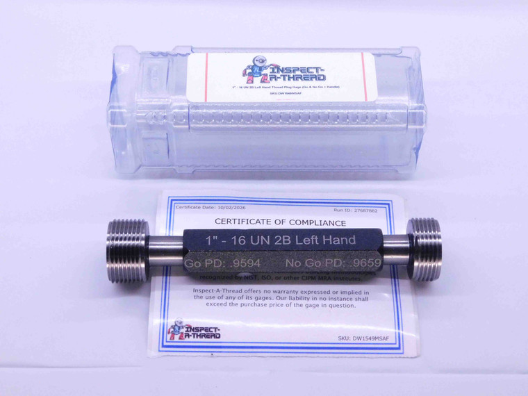 NEW 1" 16 UN 2B LEFT HAND THREAD PLUG GAGE 1.0 GO NO GO P.D.'S = .9594 & .9659 - DW1549MSAF