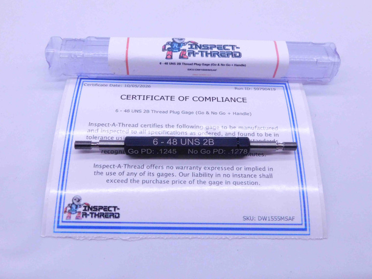 NEW 6 48 UNS 2B THREAD PLUG GAGE #6 .138 .1380 GO NO GO P.D.'S = .1245 & .1278 - DW1555MSAF