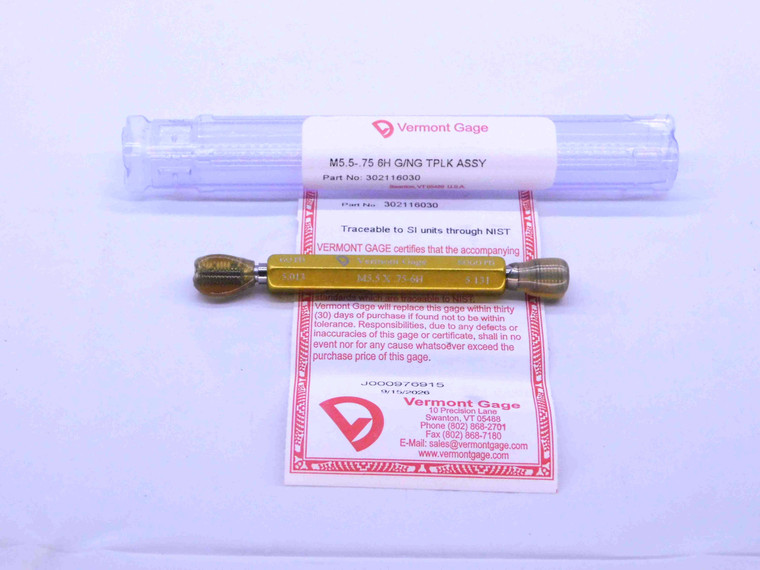 NEW M5.5 X .75 6H VERMONT THREAD PLUG GAGE 5.5 0.75 GO NO GO PDS= 5.013 & 5.131 - DW43126VTG