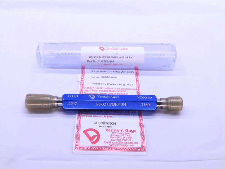 NEW 3/8 32 UNJEF 3B VERMONT THREAD PLUG GAGE .375 GO NO GO PD'S = .3547 & .3580 - DW43133VTG