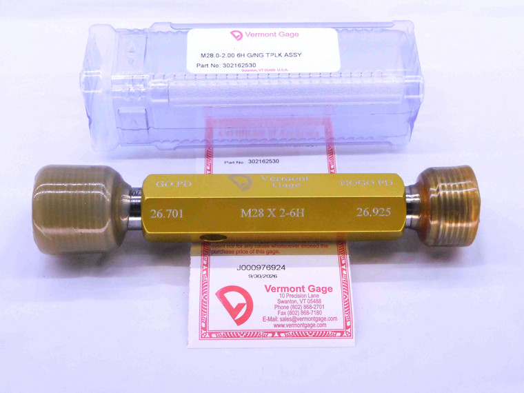 NEW M28 X 2 6H VERMONT THREAD PLUG GAGE 28 2.0 GO NO GO P.D.'S = 26.701 & 26.925 - DW43136VTG