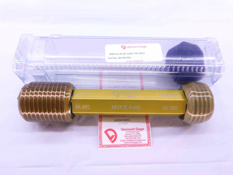 NEW M39 X 4 6H VERMONT THREAD PLUG GAGE 39 4.0 GO NO GO P.D.'S = 36.402 & 36.702 - DW43139VTG