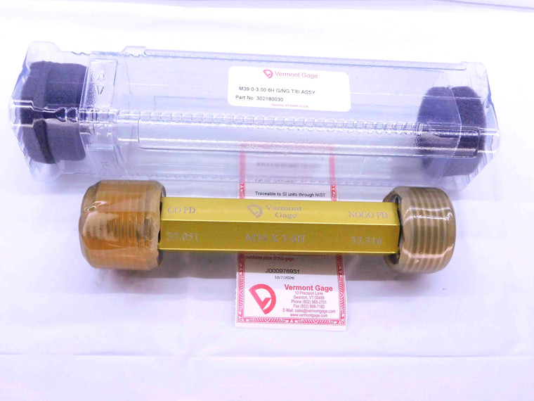 NEW M39 X 3 6H VERMONT THREAD PLUG GAGE 39 3.0 GO NO GO P.D.'S = 37.051 & 37.316 - DW43140VTG