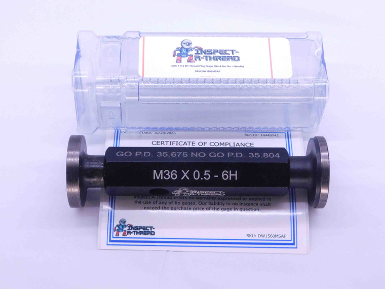 NEW M36 X .5 6H METRIC THREAD PLUG GAGE 36 0.5 GO NO GO P.D.'S = 35.675 & 35.804 - DW1560MSAF