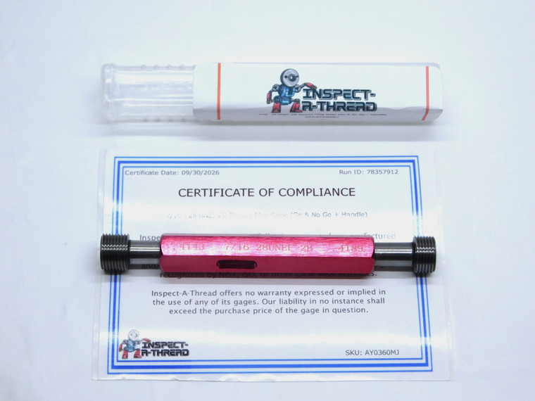 NEW 7/16 28 UNEF 2B THREAD PLUG GAGE .4375 GO NO GO P.D.'S= .4143 & .4189 TOOL