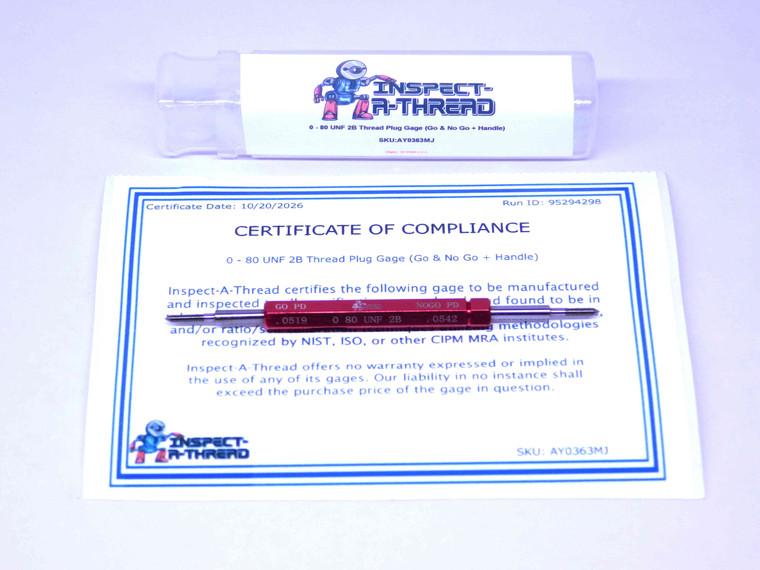 NEW 0 80 UNF 2B THREAD PLUG GAGE #0 .060 GO NO GO P.D.'S= .0519 & .0542 0-80