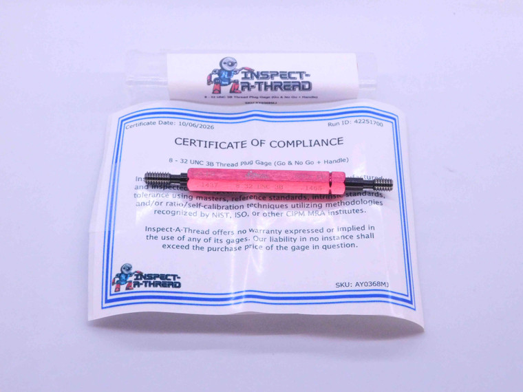 NEW 8 32 UNC 3B THREAD PLUG GAGE #8 .164 GO NO GO P.D.'S = .1437 & .1465 8-32