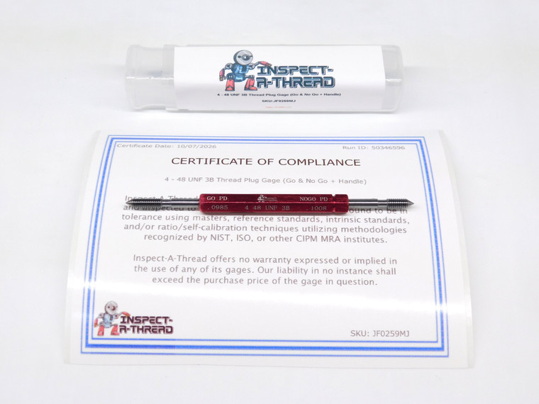 NEW 4 48 UNF 3B THREAD PLUG GAGE #4 .112 GO NO GO P.D.'S= .0985 & .1008 4-48
