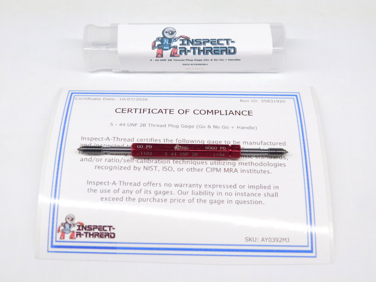 NEW 5 44 UNF 2B THREAD PLUG GAGE #5 .125 GO NO GO P.D.'S= .1102 & .1134 1/8 5-44