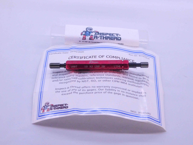 NEW 10 32 UNF 2B THREAD PLUG GAGE #10 .190 GO NO GO P.D.'S = .1697 & .1736 10-32