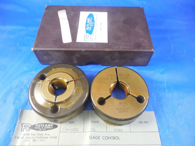 NEW RUTLAND 7/8 9 UNC 3A THREAD RING GAGE .875 GO NO GO P.D.'S = .8028 & .7981