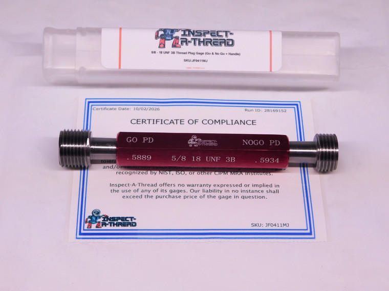 NEW 5/8 18 UNF 3B THREAD PLUG GAGE .625 GO NO GO P.D.'S = .5889 & .5934 TOOLS