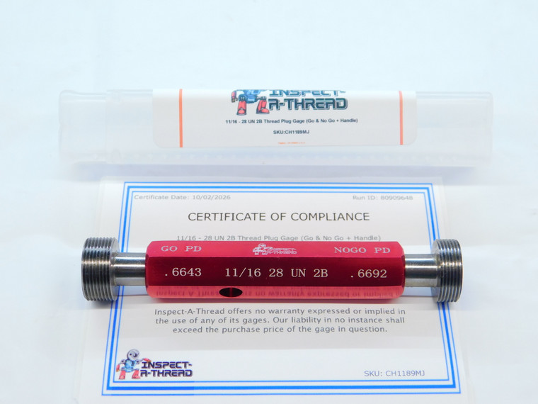 NEW 11/16 28 UN 2B THREAD PLUG GAGE .6875 GO NO GO P.D.'S = .6643 & .6692 TOOL