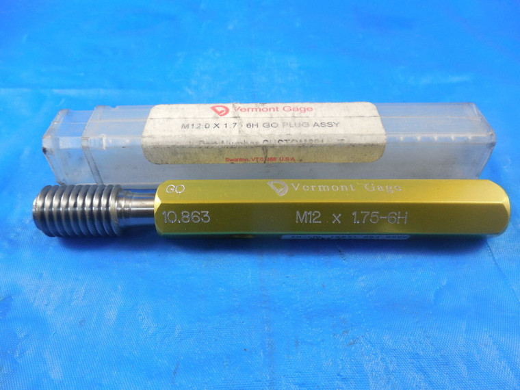 M12 X 1.75 6H VERMONT METRIC THREAD PLUG GAGE 12.0 1.75 GO ONLY P.D. = 10.863