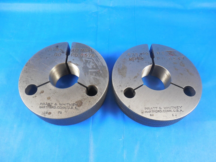 7/8 40 NS 2 THREAD RING GAGES .875 GO NO GO P.D.'S = .8578 & .8547 QUALITY TOOLS