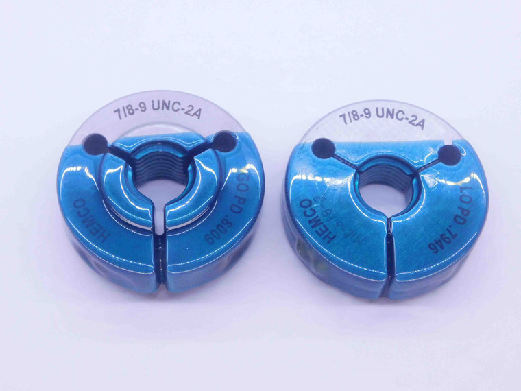 7/8 9 UNC 2A THREAD RING GAGES .875 .8750 GO NO GO P.D.'S = .8009 & .7946 CHECK - NG0879BU