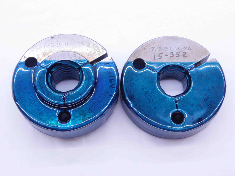 7/8 9 UNC 2A THREAD RING GAGES .875 .8750 GO NO GO P.D.'S = .8009 & .7946 CHECK - NG0879BU