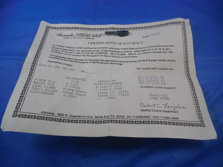 10 24 UNC 2B AND 3B CERTIFIED THREAD PLUG GAGE #10 .190 GO ONLY P.D. = 1629 TOOL