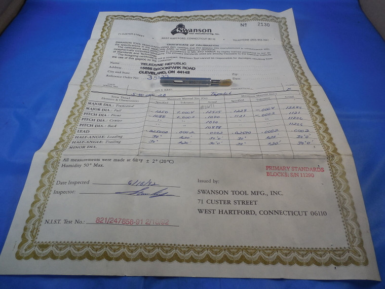 5 44 UNC 2B CERTIFIED THREAD PLUG GAGE #5 .125 GO ONLY P.D. = .1088 TOOL UNC-2B
