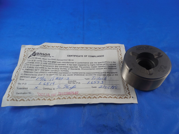 1 11/16 18 NEF 3 CERTIFIED THREAD PLUG GAGE 1.6875 GO ONLY P.D. = 1.6514 TOOLS