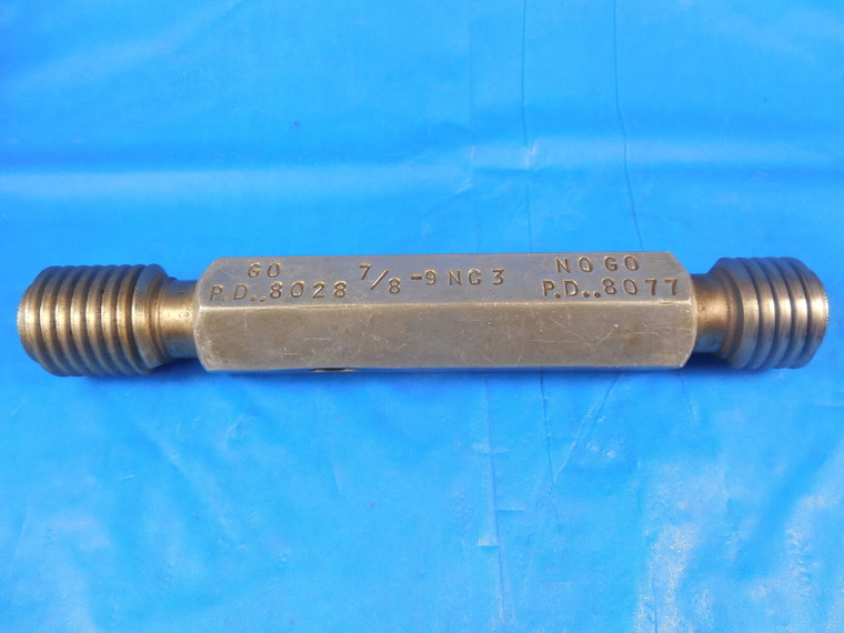 7/8 9 NC 3 THREAD PLUG GAGE .875 GO NO GO P.D.'S = .8028 & .8077 INSPECTION