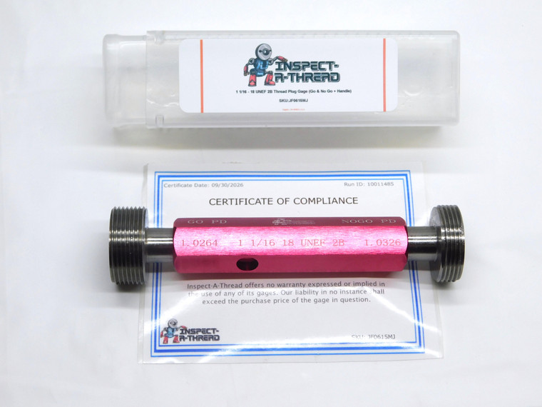 NEW 1 1/16 18 UNEF 2B THREAD PLUG GAGE 1.0625 GO NO GO P.D.'S = 1.0264 & 1.0326