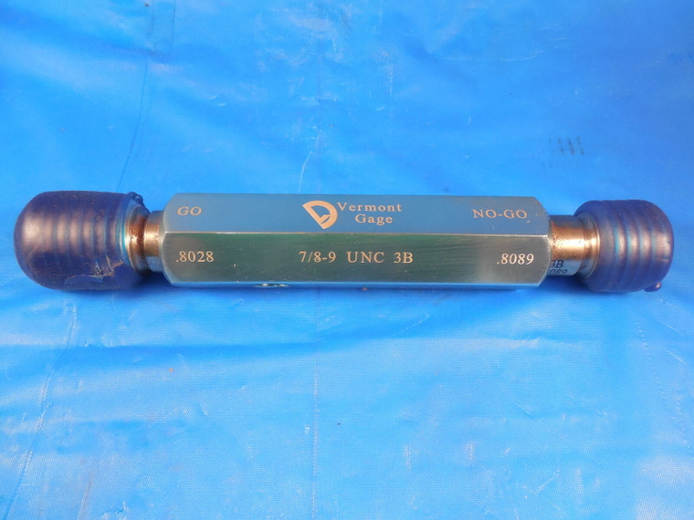 7/8 9 UNC 3B VERMONT THREAD PLUG GAGE .875 GO NO GO P.D.'S = .8028 & .8089 TOOL