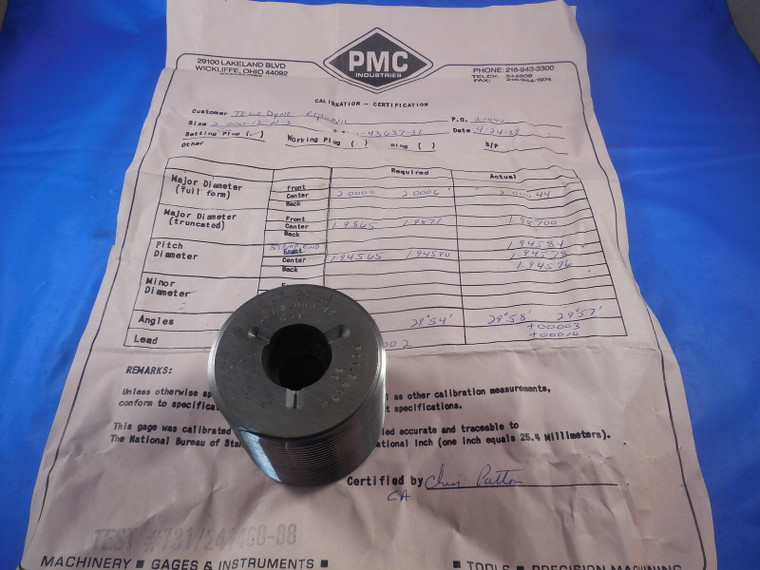 CERTIFIED 2" 12 N 3 SET THREAD PLUG GAGE 2.0 GO ONLY P.D. = 1.9459 REVERSIBLE