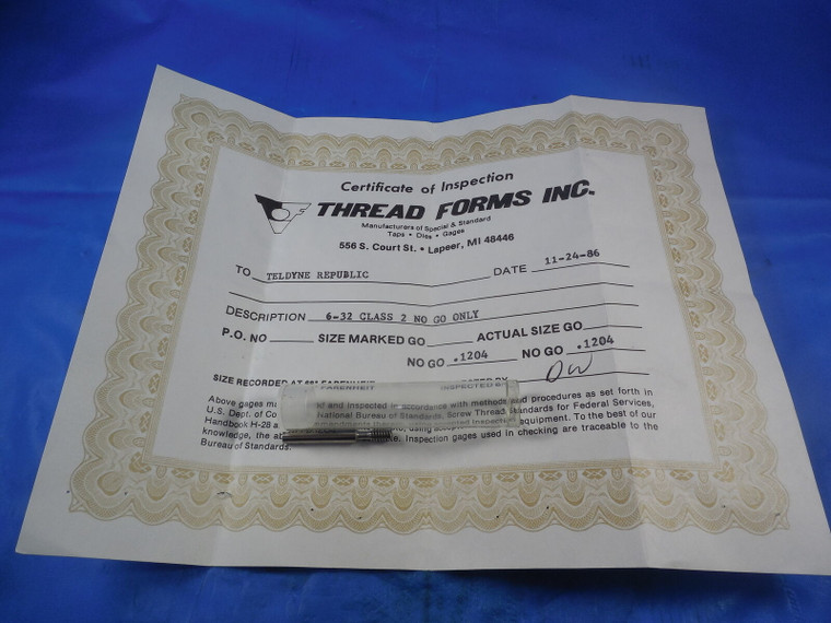 CERTIFIED 8 32 UNC 2 THREAD PLUG GAGE #8 .164 NO GO ONLY P.D. = .1204 INSPECTION