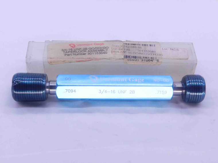 3/4 16 UNF 2B VERMONT THREAD PLUG GAGE .75 .750 GO NO GO P.D.'S = .7094 & .7159 - NG2275YP