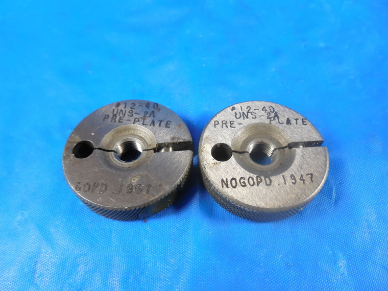 12 40 UNS 2A PREPLATE THREAD RING GAGES 12-40 GO NO GO P.D.'S= .1967 & .1947 B/P