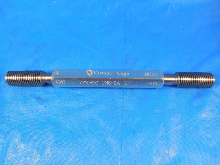 7/16 20 UNS 2A VERMONT SET THREAD PLUG GAGE .4375 GO NO GO P.D.'S= .4017 & .3987