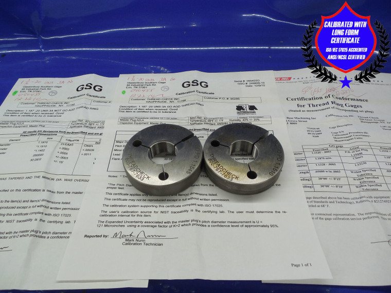 CERTIFIED 1 3/16 20 UNS 3A THREAD RING GAGES 1.1875 GO NO GO 1.1545 1.1510 1.187