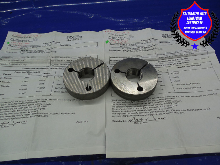 CERTIFIED 1 3/16 12 UNF 2A THREAD RING GAGES 1.1875 GO NO GO PDS = 1.1322 1.1264