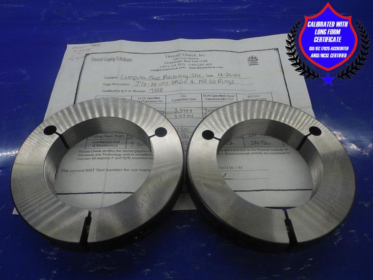 CERTIFIED 3 1/2 28 UNS 2A THREAD RING GAGES 3.5 GO NO GO P.D.'S= 3.4754 & 3.4706