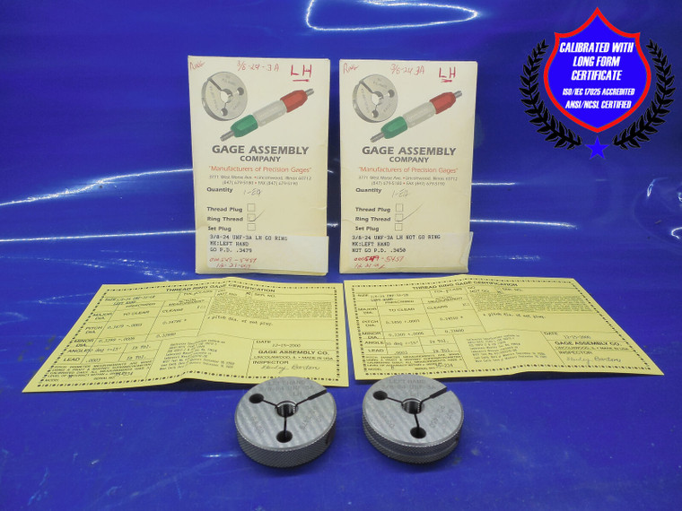 CERTIFIED 3/8 24 UNF 3A LEFT HAND THREAD RING GAGES .375 GO NO GO= .3479 & .3450