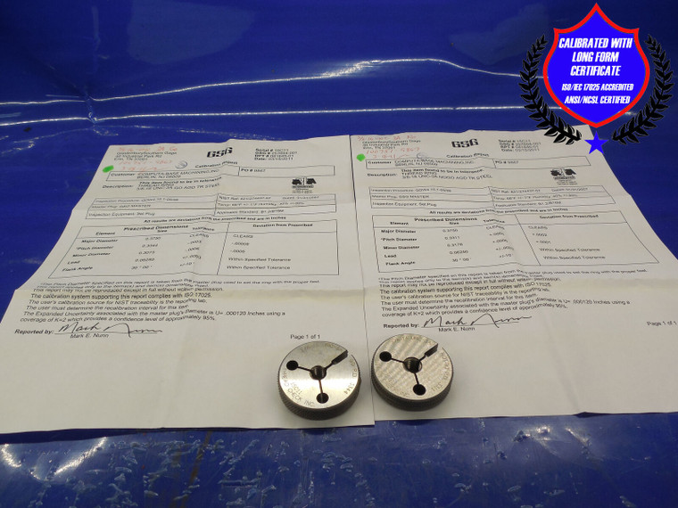 CERTIFIED 3/8 16 UNC 3A THREAD RING GAGES .375 GO NO GO P.D.'S = .3344 & .3311