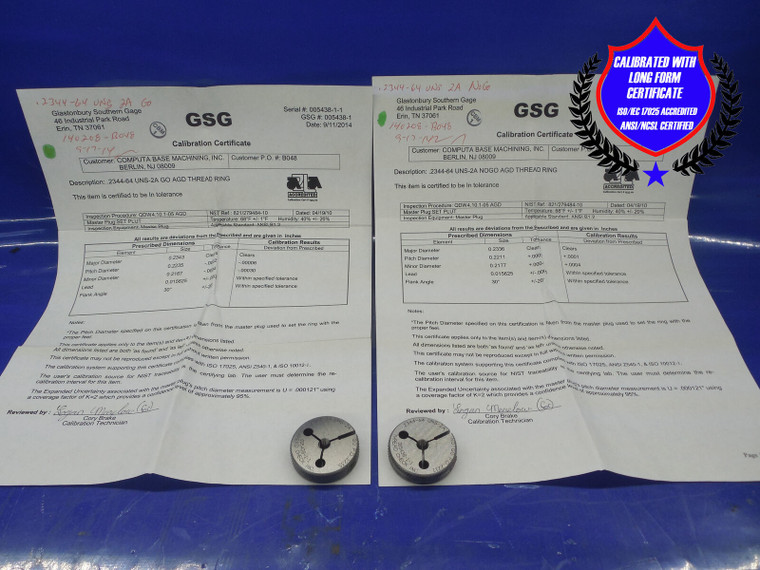 CERTIFIED 15/64 64 UNS 2A THREAD RING GAGES .2344 GO NO GO P.D.'S= .2235 & .2211