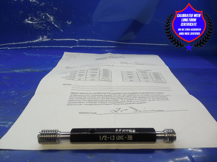 1/2 13 UNF 3B CERTIFIED THREAD PLUG GAGE .5 GO NO GO P.D.'S = .4500 & .4548