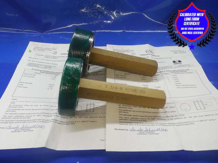 CERTIFIED 3 3/4 8 ACME 2G THREAD PLUG GAGE 3.75 GO NO GO = 3.7097 & 3.6875 NA-2G